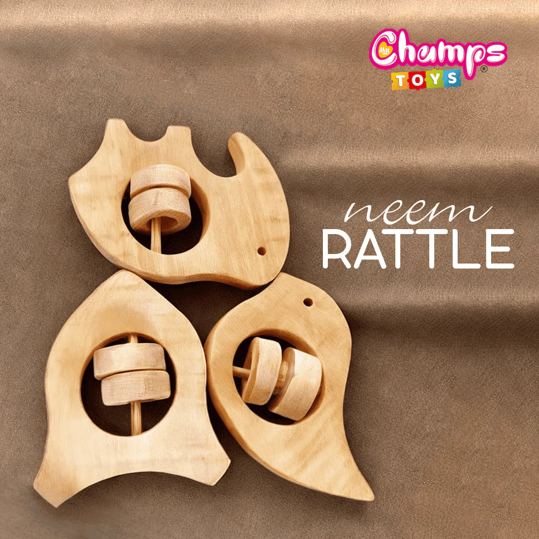 Handcrafted Neem Wooden Baby Rattle Set – Fish, Elephant Sparrow (Se