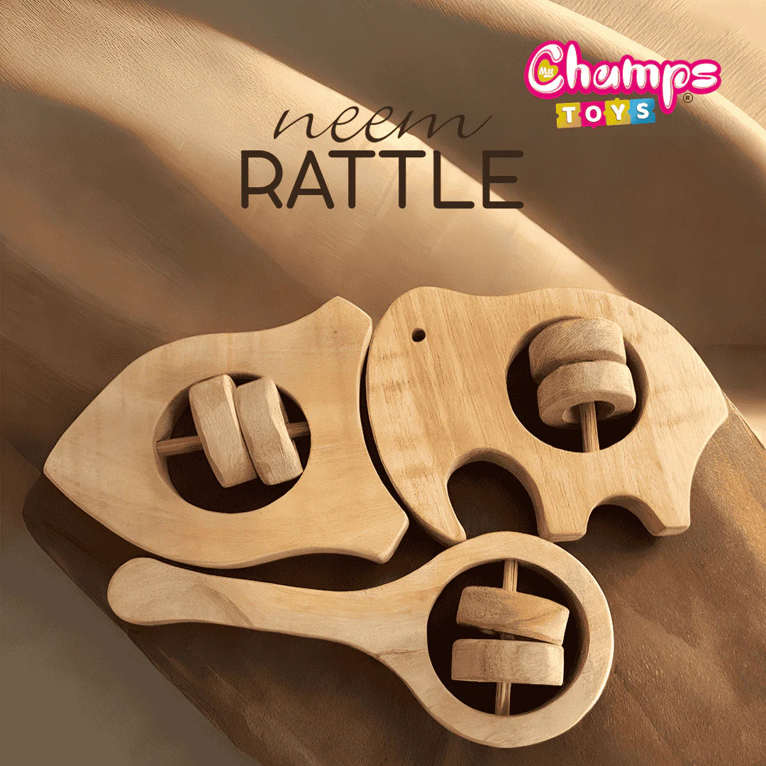 Handcrafted Neem Wooden Baby Rattle Set – Fish, Elephant