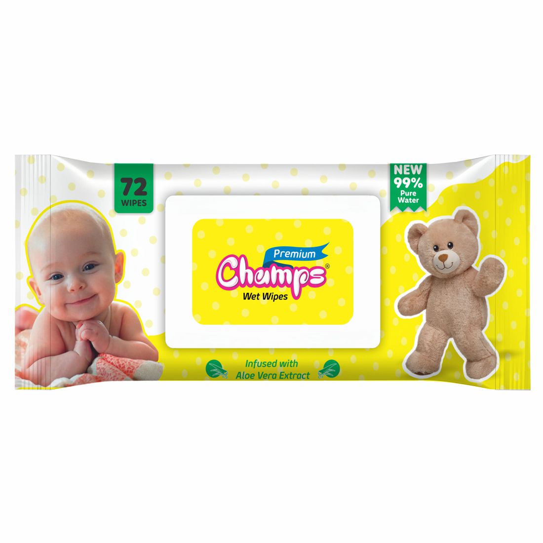 Champs Baby Wipes with Aloe Vera Extract , 72 Wipes, Flip-top lid.