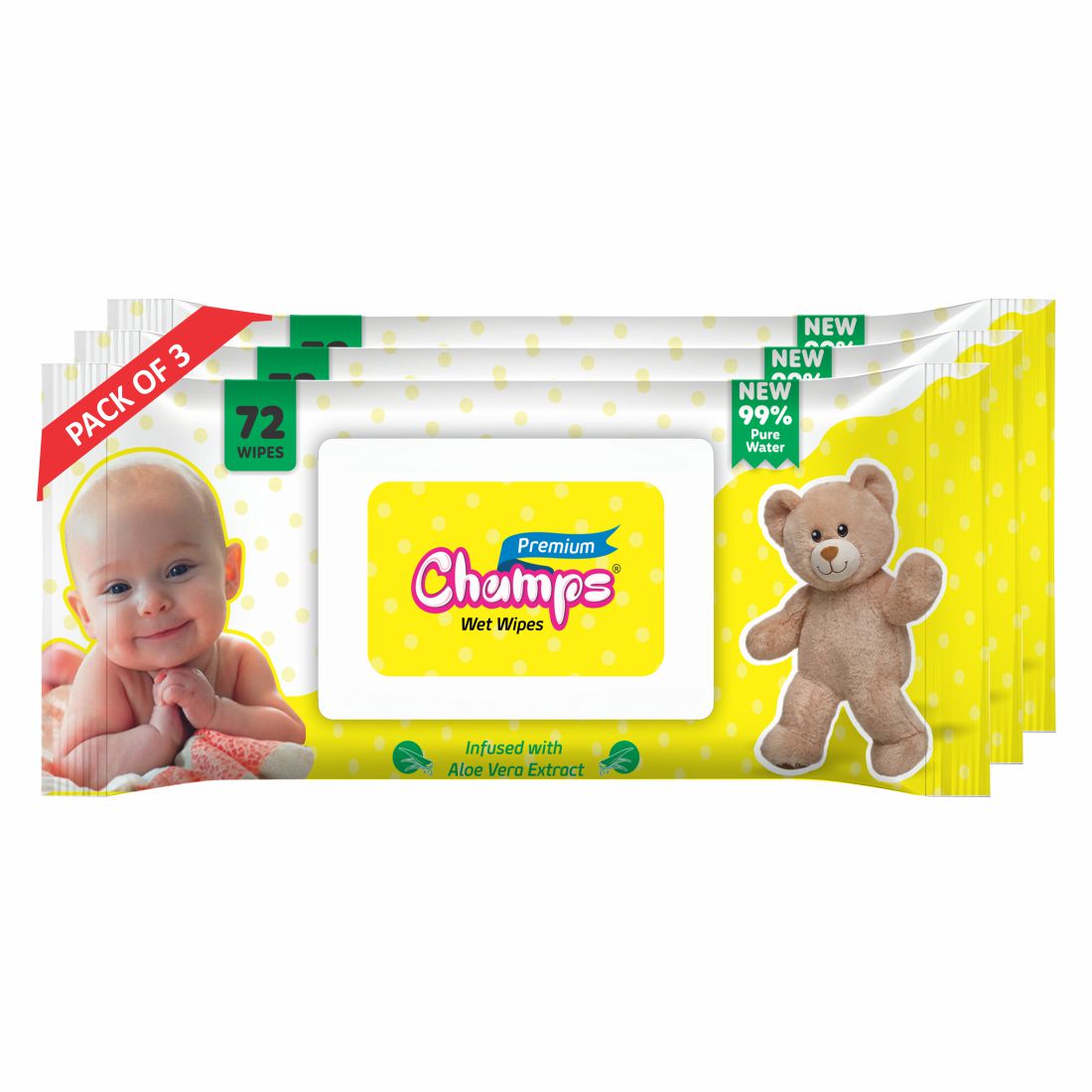 Champs Baby Wipes with Aloe Vera Extract , 216 Wipes, Flip-top lid.