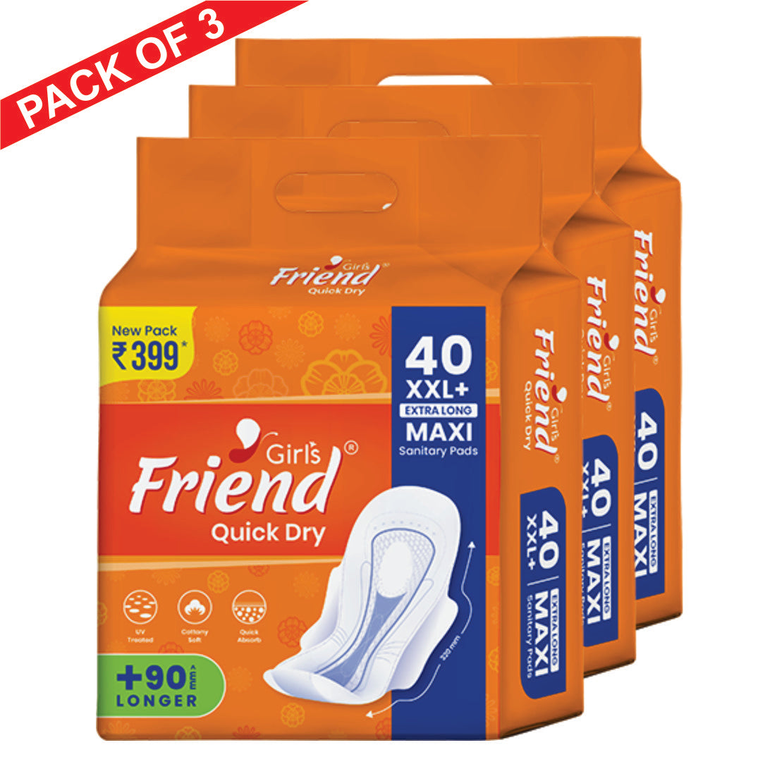 Girls Friend Quick Dry Extra Long Maxi Sanitary Pads - Pack of 3 | 120 Pcs