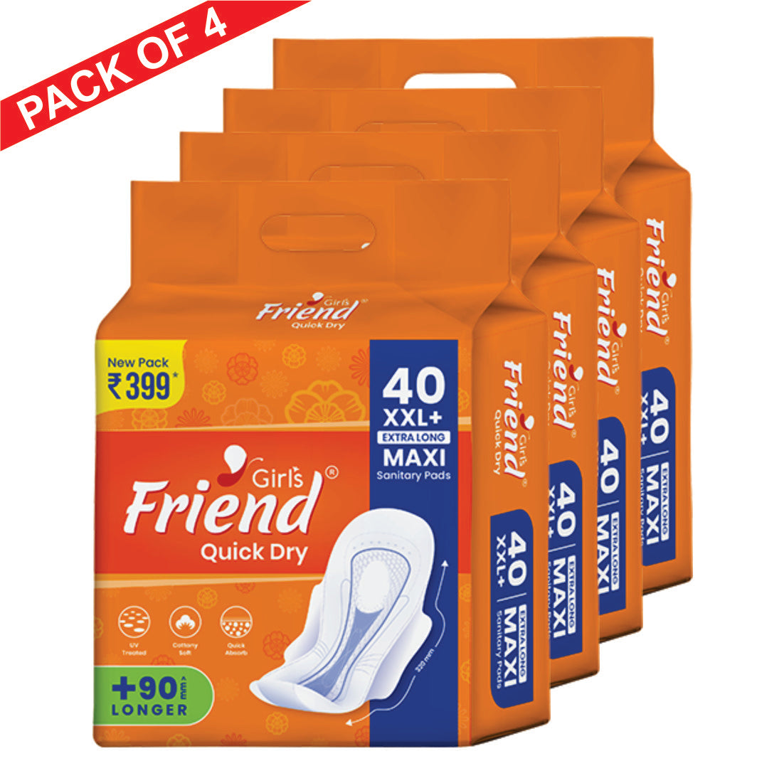 Girls Friend Quick Dry Extra Long Maxi Sanitary Pads - Pack of 4 | 160 Pcs