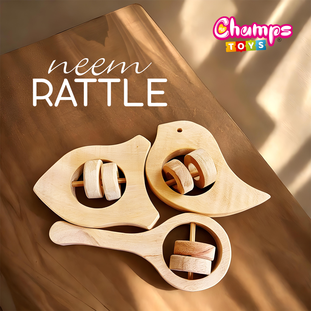 Handcrafted Neem Wooden Baby Rattle Set – Fish, Sparrow & Magnifier (Set of 3)