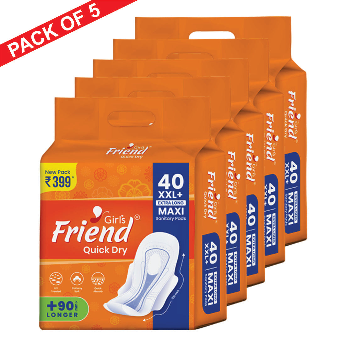 Girls Friend Quick Dry Extra Long Maxi Sanitary Pads - Pack of 5 | 200 Pcs