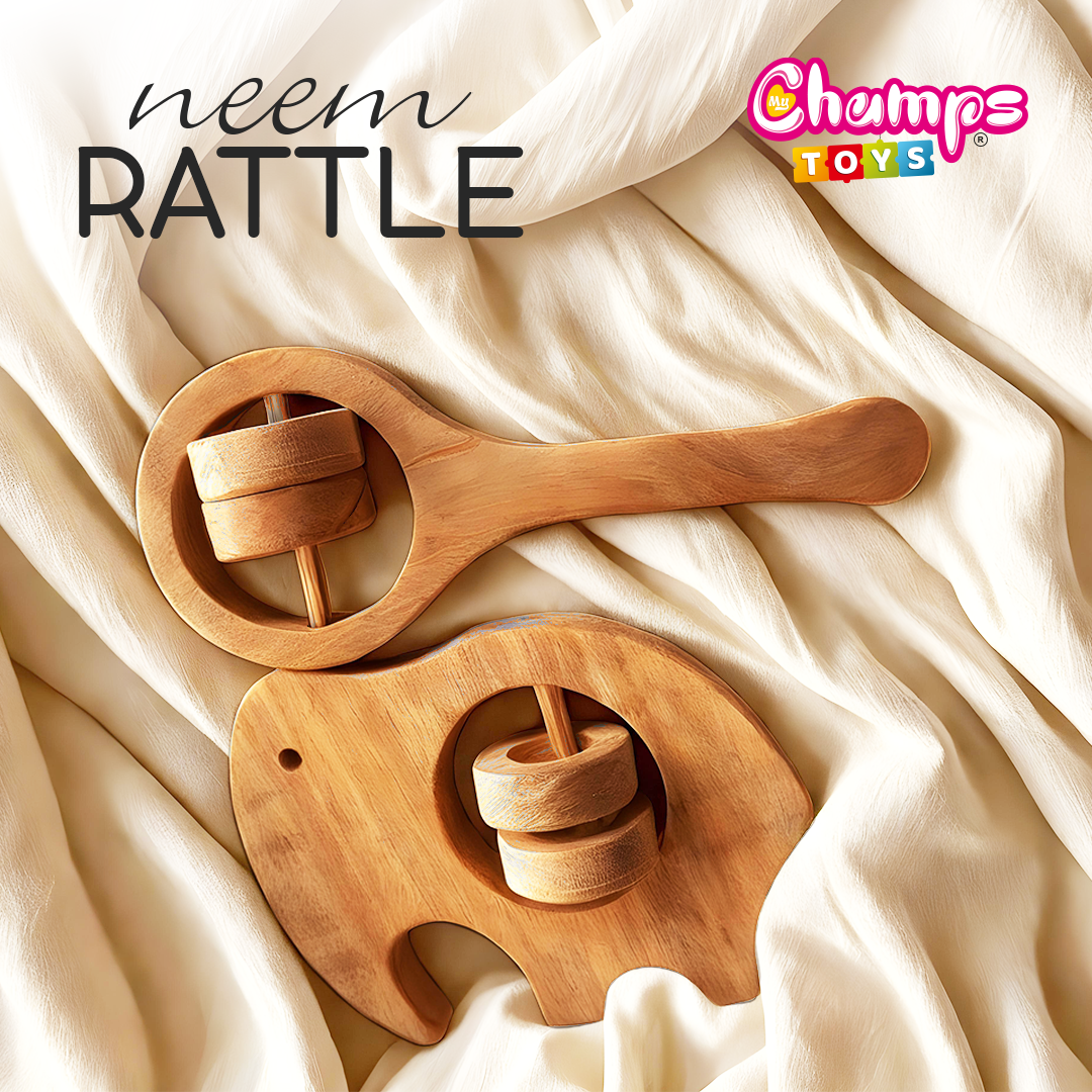 Handcrafted Neem Wooden Baby Rattle Set – Elephant & Magnifier (Set of 2)