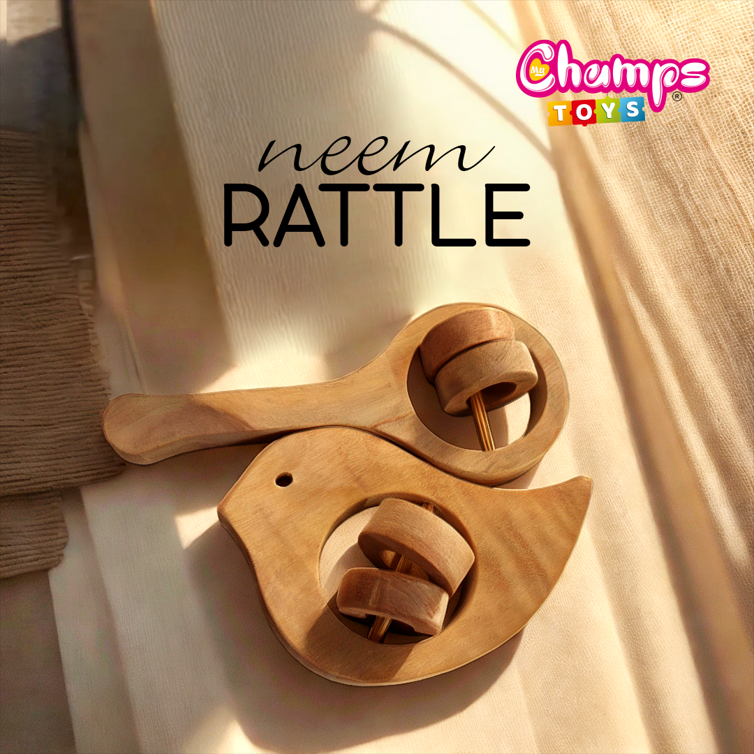 Handcrafted Neem Wooden Baby Rattle Set – Magnifier & Sparrow (Set of 2)