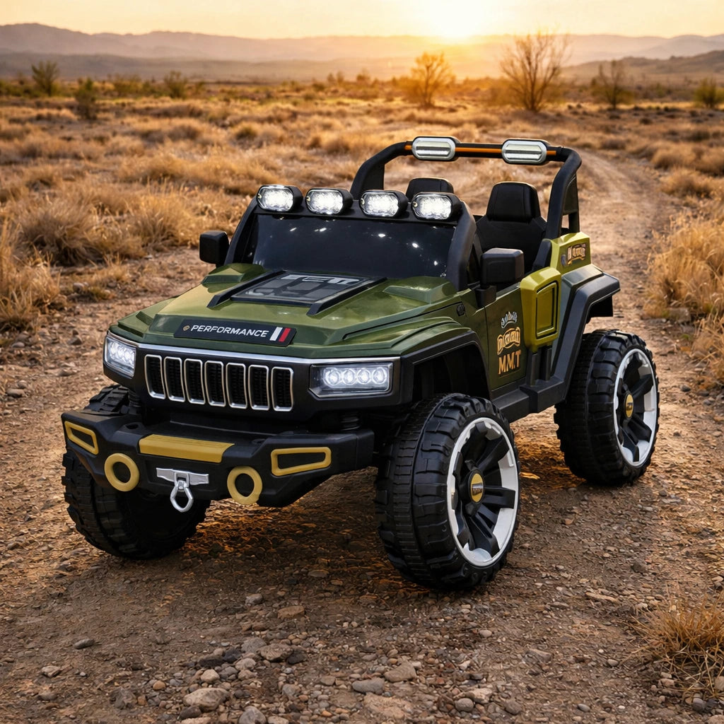 Champs Monster Jumbo 4x4 Battery Operated Ride-On Jeep for Kids | Remote Control Car with Music, LED Lights & AUX | Rechargeable Battery | Suspension Wheels | Openable Doors | Forward & Reverse | Easy Assembly | Olive