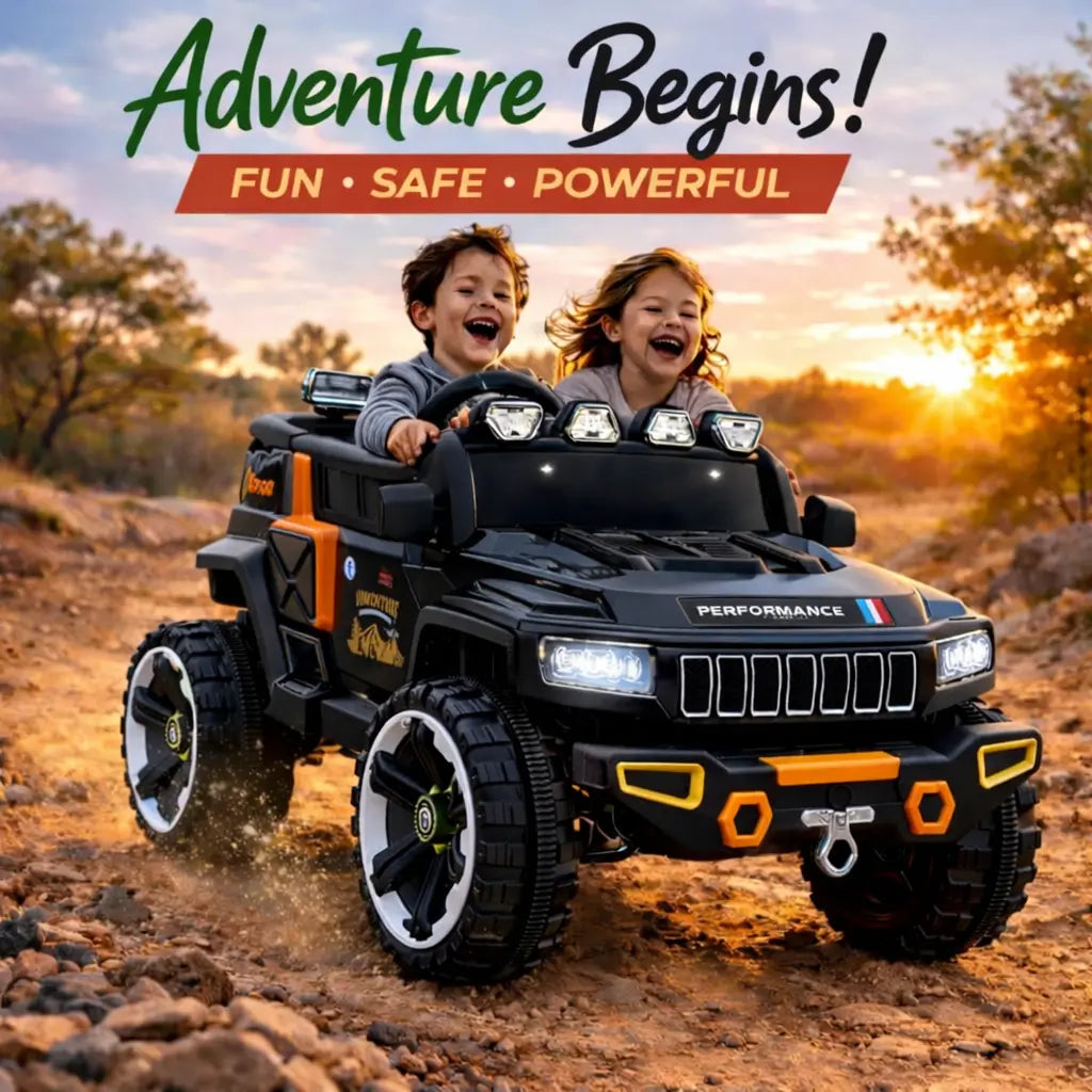 Champs Monster Jumbo 4x4 Battery Operated Ride-On Jeep for Kids | Remote Control Car with Music, LED Lights & AUX | Rechargeable Battery | Suspension Wheels | Openable Doors | Forward & Reverse | Easy Assembly | Black & Orange