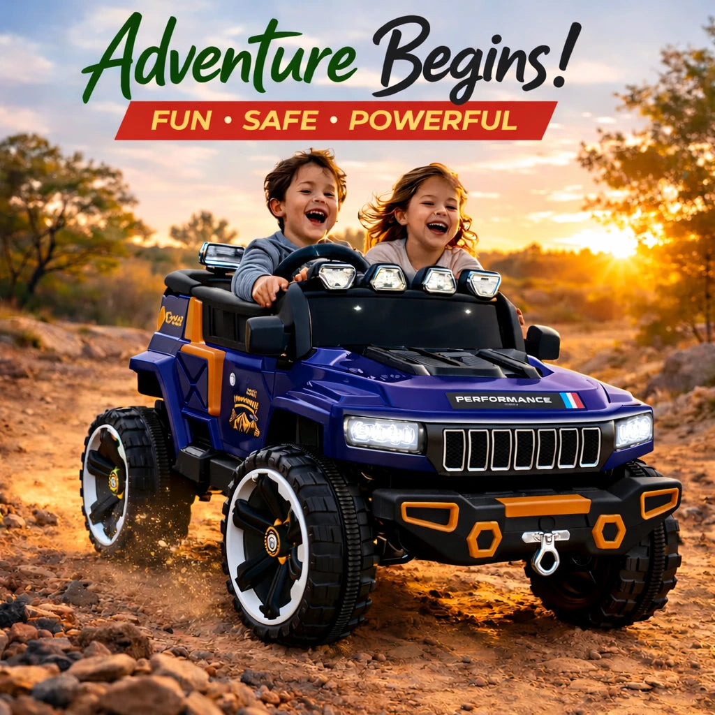 Champs Monster Jumbo 4x4 Battery Operated Ride-On Jeep for Kids | Remote Control Car with Music, LED Lights & AUX | Rechargeable Battery | Suspension Wheels | Openable Doors | Forward & Reverse | Easy Assembly |Blue