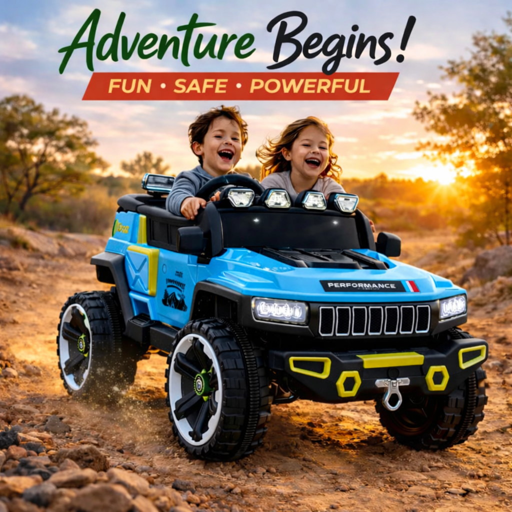 Champs Monster Jumbo 4x4 Battery Operated Ride-On Jeep for Kids | Remote Control Car with Music, LED Lights & AUX | Rechargeable Battery | Suspension Wheels | Openable Doors | Forward & Reverse | Easy Assembly | Sky Blue