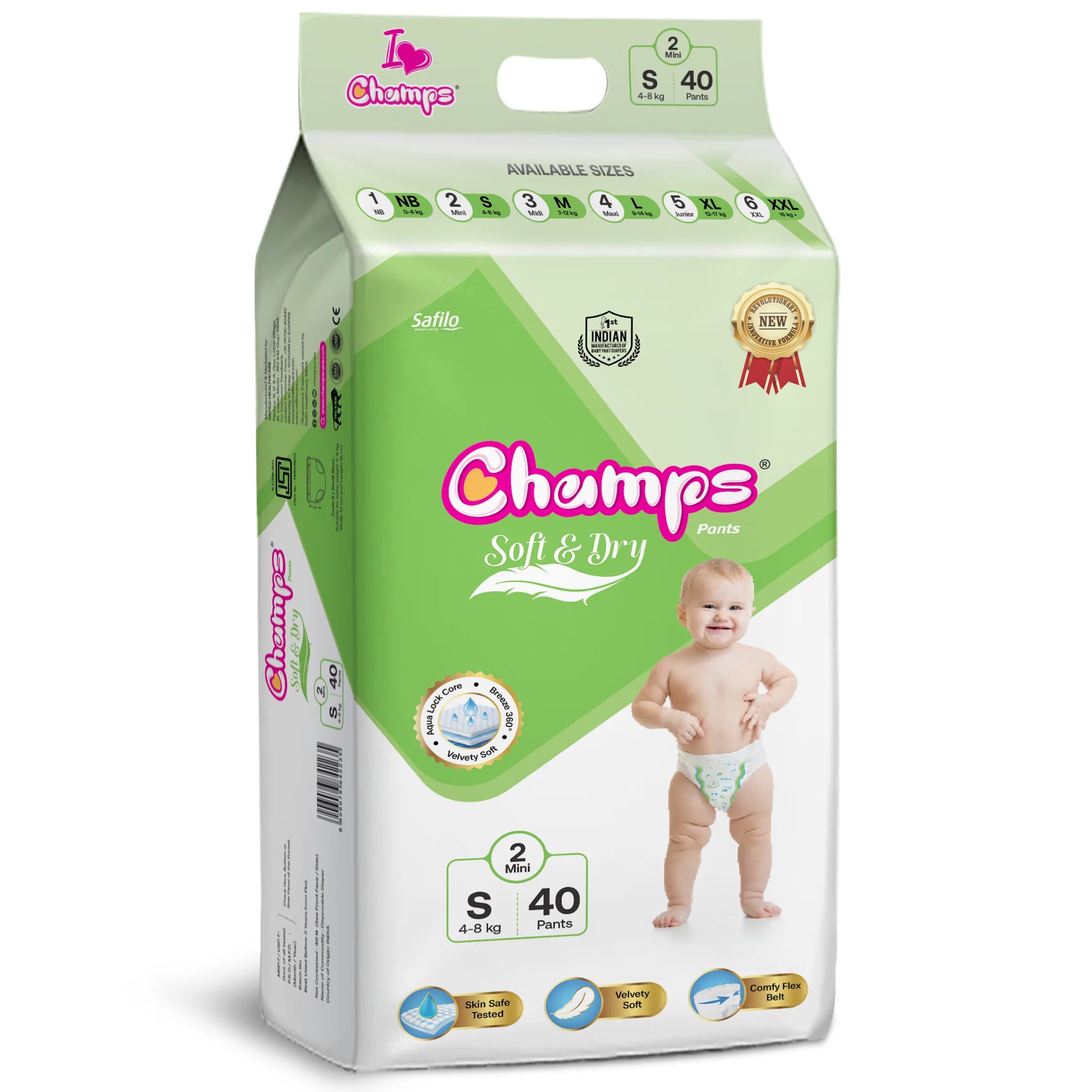 Champs Soft & Dry Baby Diaper Pants, Small 40 Pants, 4-8 Kg, Long-lasting Leakage Protection