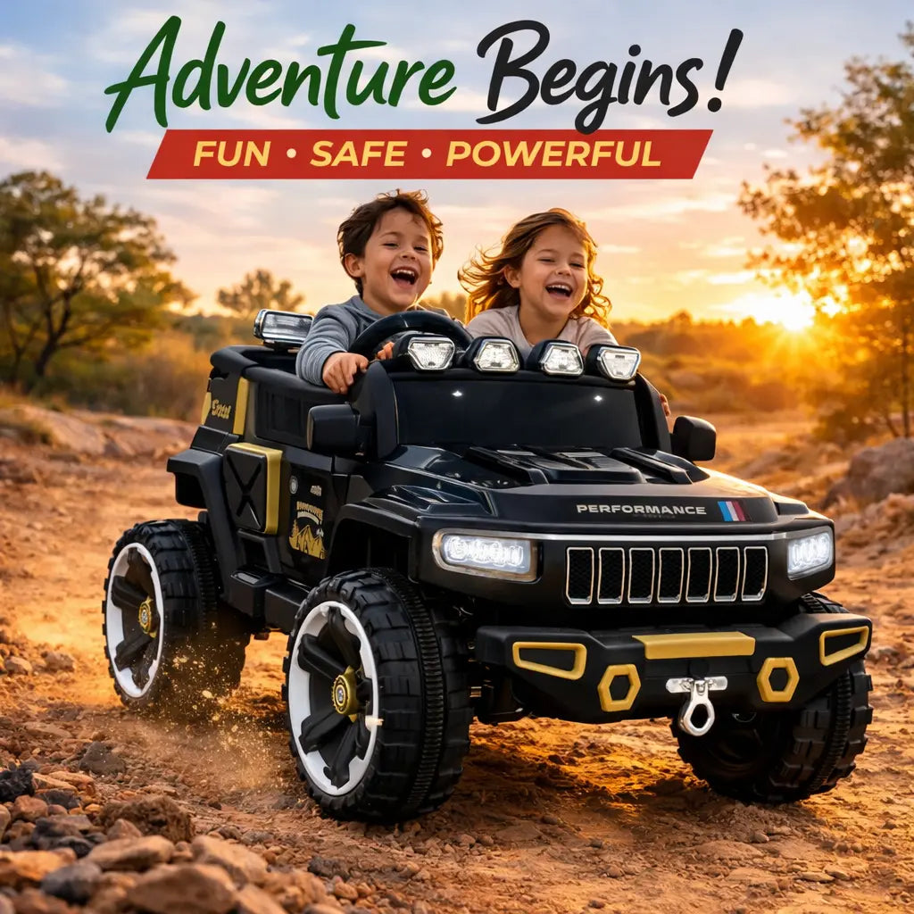 Champs Monster Jumbo 4x4 Battery Operated Ride-On Jeep for Kids | Remote Control Car with Music, LED Lights & AUX | Rechargeable Battery | Suspension Wheels | Openable Doors | Forward & Reverse | Easy Assembly | Black & Golden