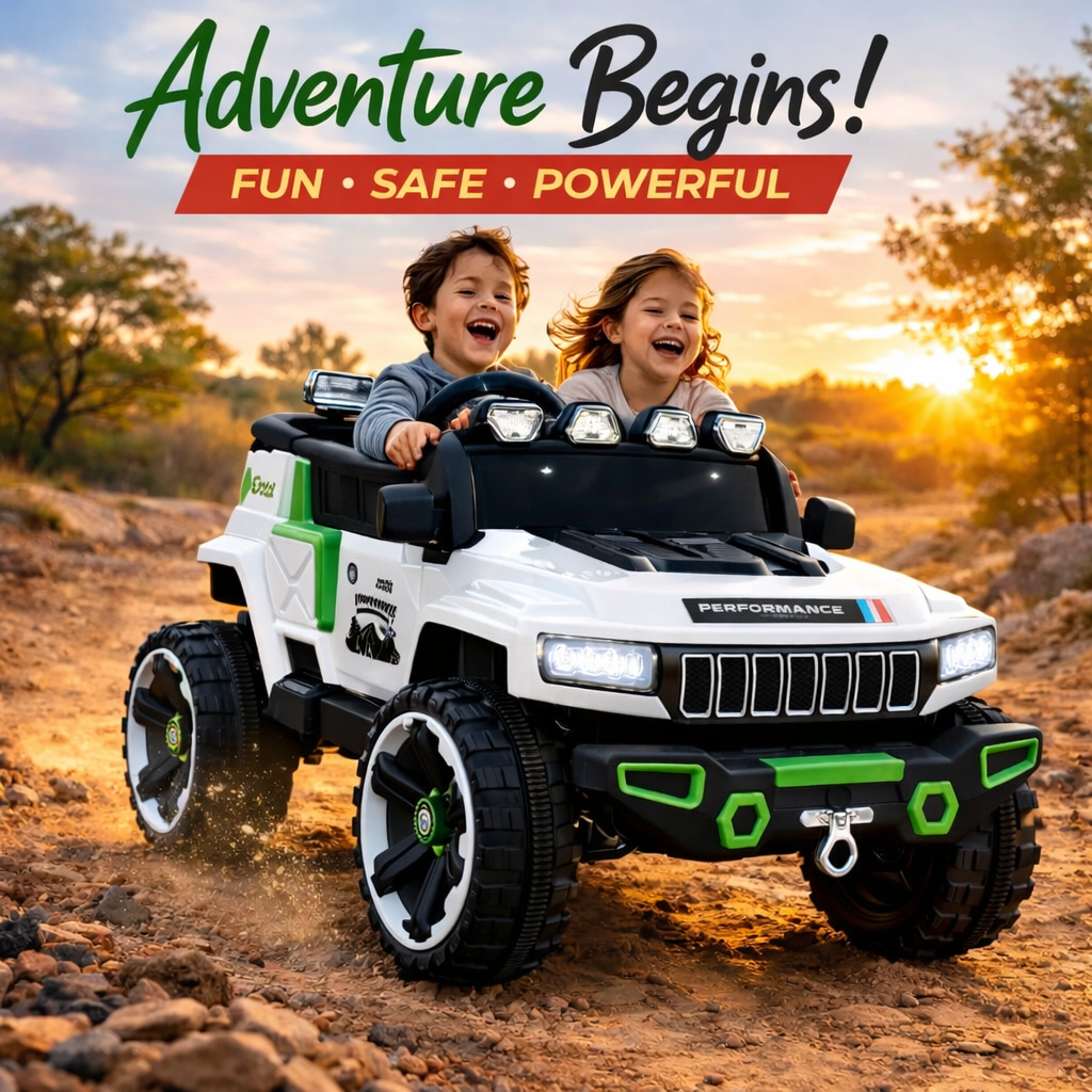 Champs Monster Jumbo 4x4 Battery Operated Ride-On Jeep for Kids | Remote Control Car with Music, LED Lights & AUX | Rechargeable Battery | Suspension Wheels | Openable Doors | Forward & Reverse | Easy Assembly | White