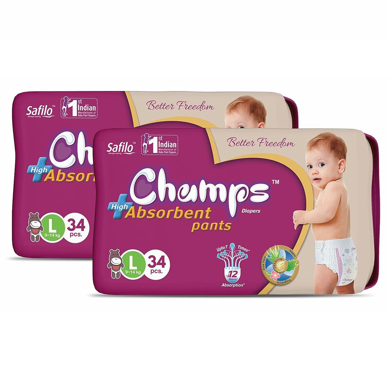 Champs High Absorb Baby Diaper Pants, Large 68 Pants (Pack of 2), 9-14 Kg, Upto 12hrs Leakage Protection