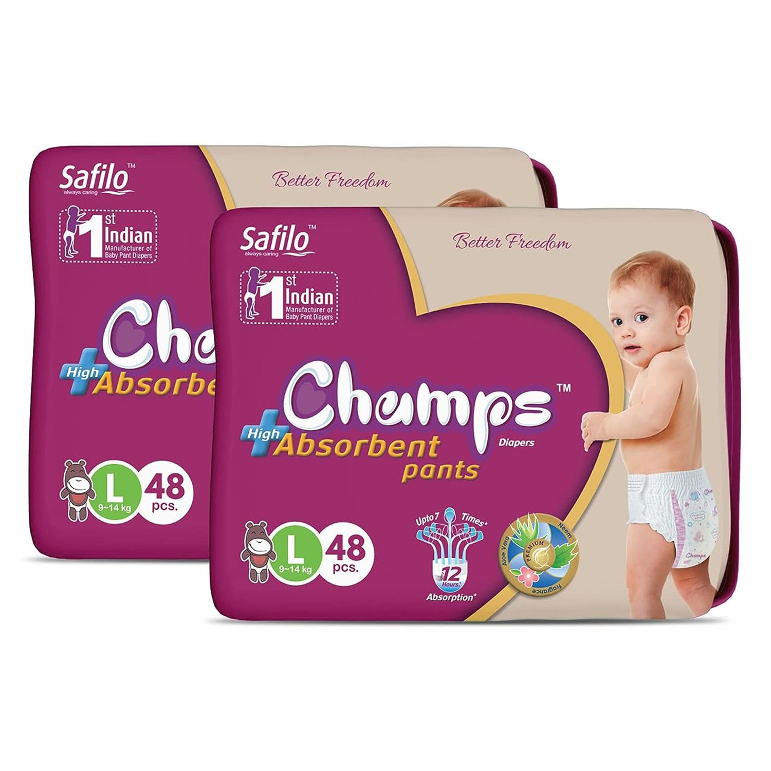 Champs High Absorb Baby Diaper Pants, Large 96 Pants (Pack of 2), 9-14 Kg, Upto 12hrs Leakage Protection