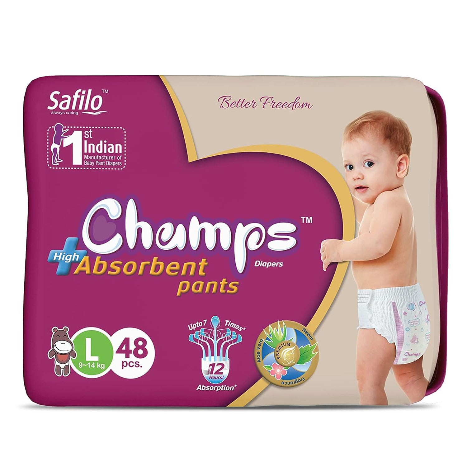 Champs High Absorb Baby Diaper Pants, Large 48 Pants, 9-14Kg , Upto 12hrs Leakage Protection