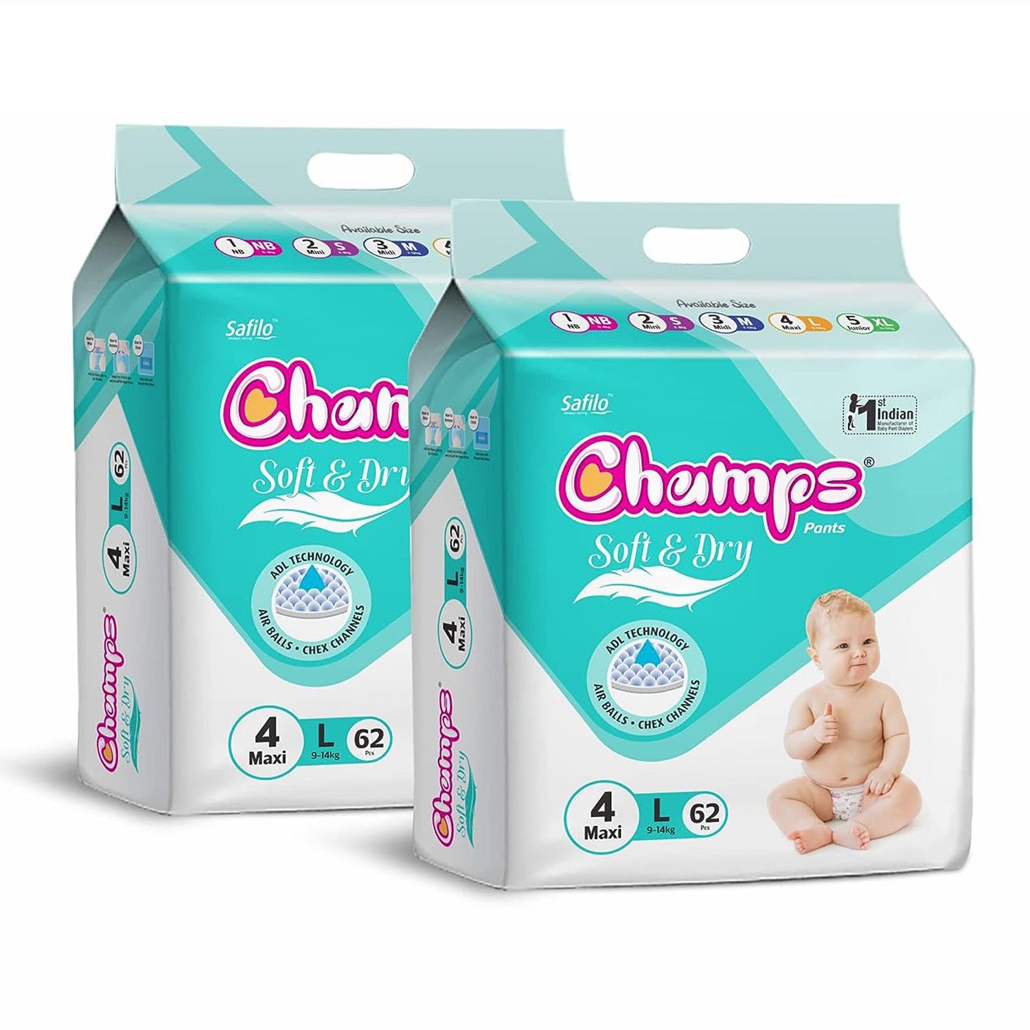 Champs Soft & Dry Baby Diaper Pants, Large 124 Pants, (Pack of 2), 9-14 Kg, Long-lasting Leakage Protection