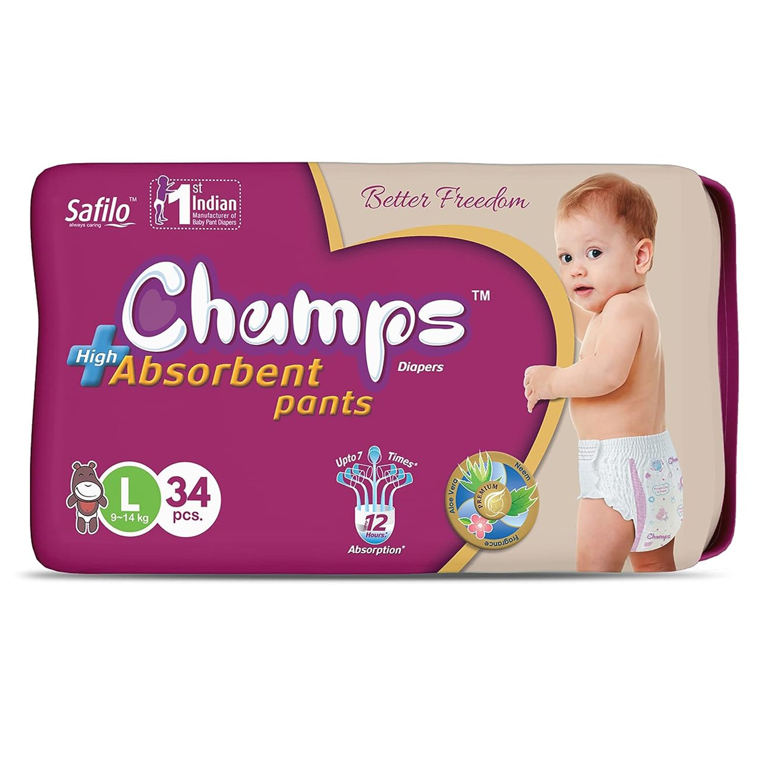 Champs High Absorb Baby Diaper Pants, Large 34 Pants, 9-14Kg, Upto 12hrs Leakage Protection