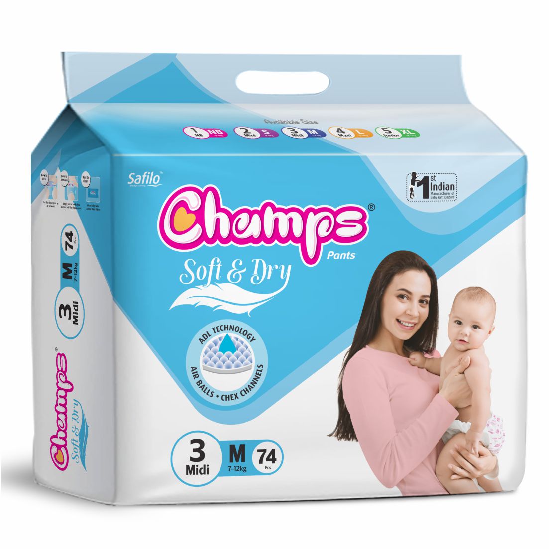 Champs Soft & Dry Baby Diaper Pants, Medium 74 Pants, 7-12 Kg, Long-lasting Leakage Protection