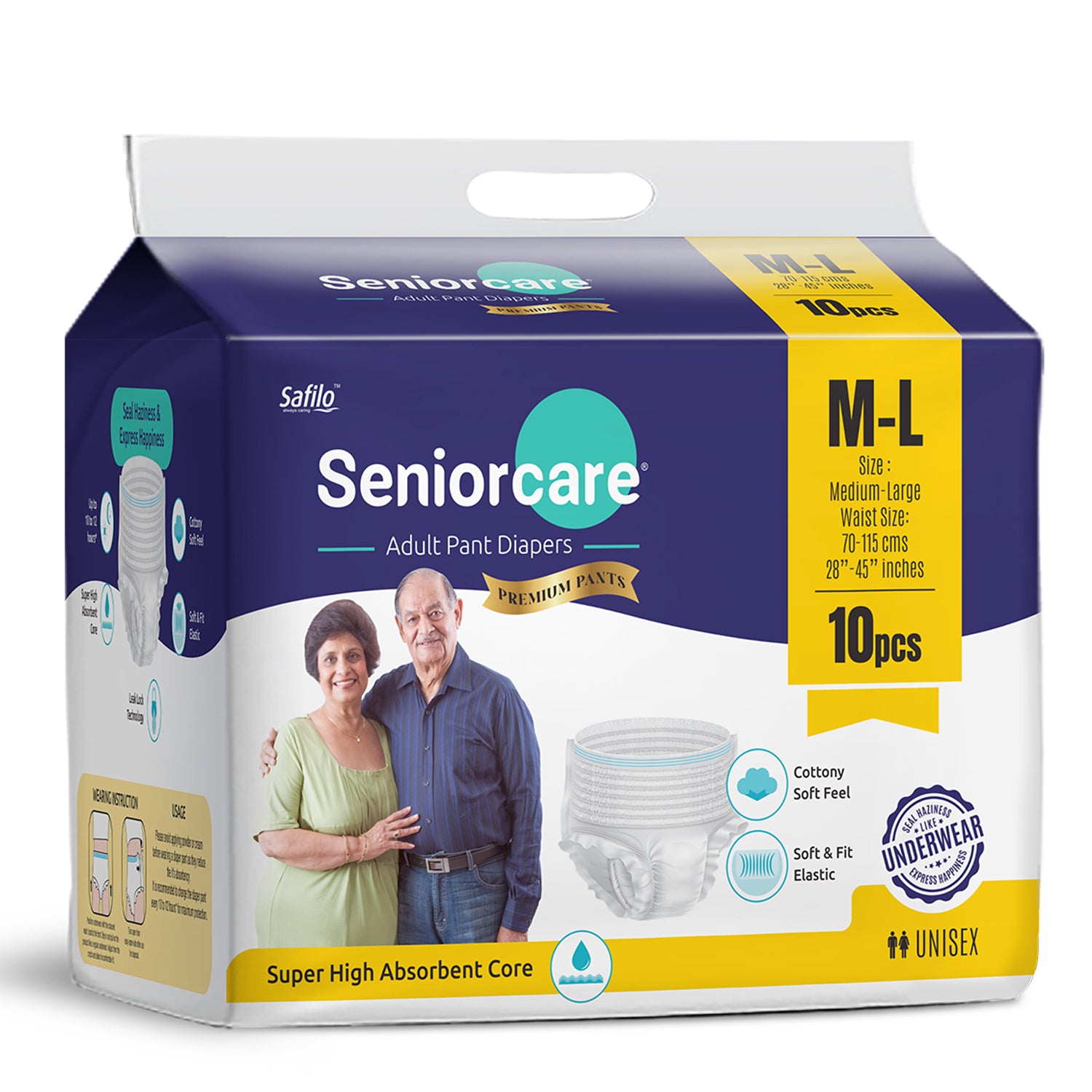 Seniorcare Premium Adult Pant Diaper, Medium 10 Pants, 28"- 45", 12Hrs Leakage Protection