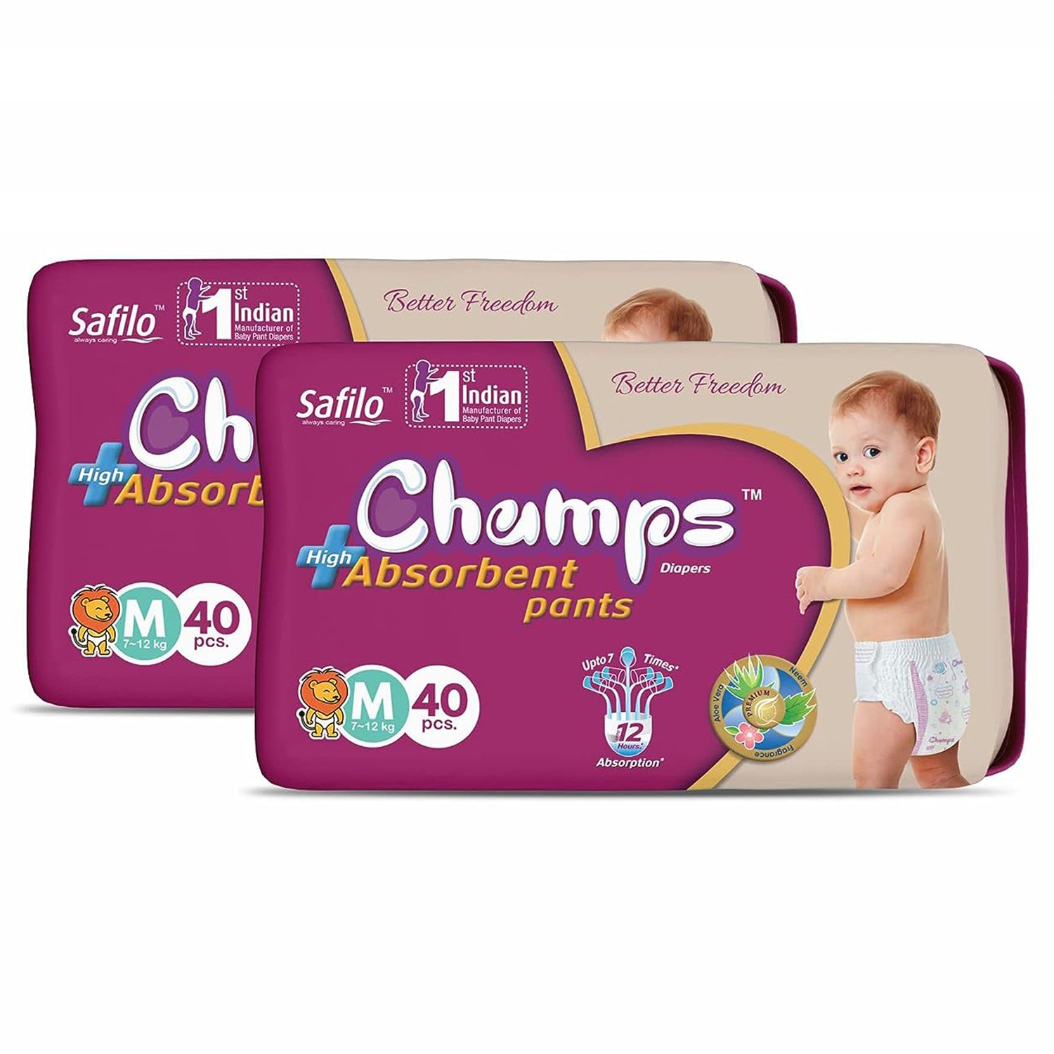 Champs High Absorb Baby Diaper Pants, Medium 80 Pants (Pack of 2), 7-12 Kg, Upto 12hrs Leakage Protection