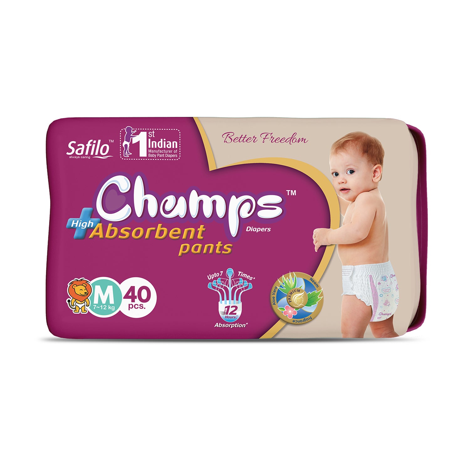 Champs High Absorb Baby Diaper Pants,  Medium 40 Pants, 7-12 Kg, Upto 12hrs Leakage Protection