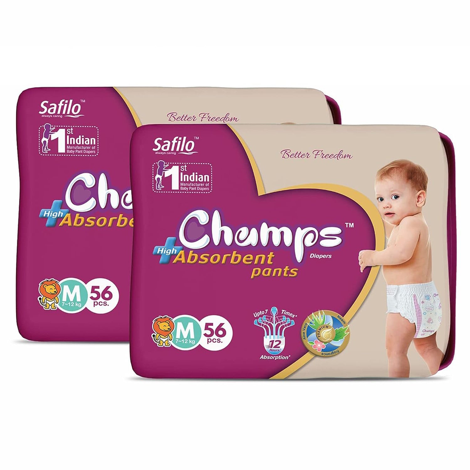 Champs High Absorb Baby Diaper Pants, Medium 112 Pants (Pack of 2), 7-12 Kg, Upto 12hrs Leakage Protection