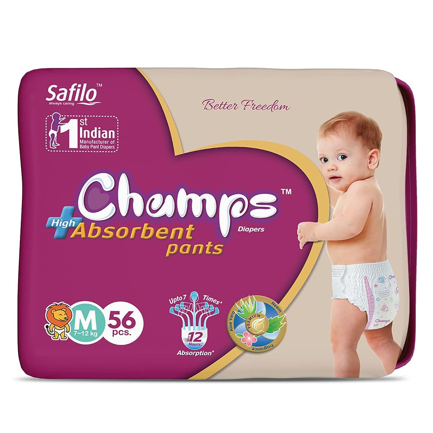 Champs High Absorb Baby Diaper Pants, Medium 56 Pants, 7-12 Kg, Upto 12hrs Leakage Protection