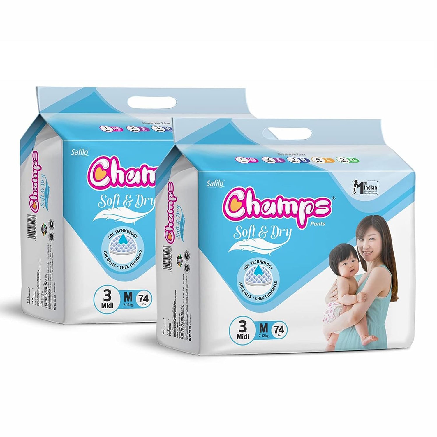 Champs Soft & Dry Baby Diaper Pants, Medium 148 Pants (Pack of 2), 7-12 Kg, Long-lasting Leakage Protection