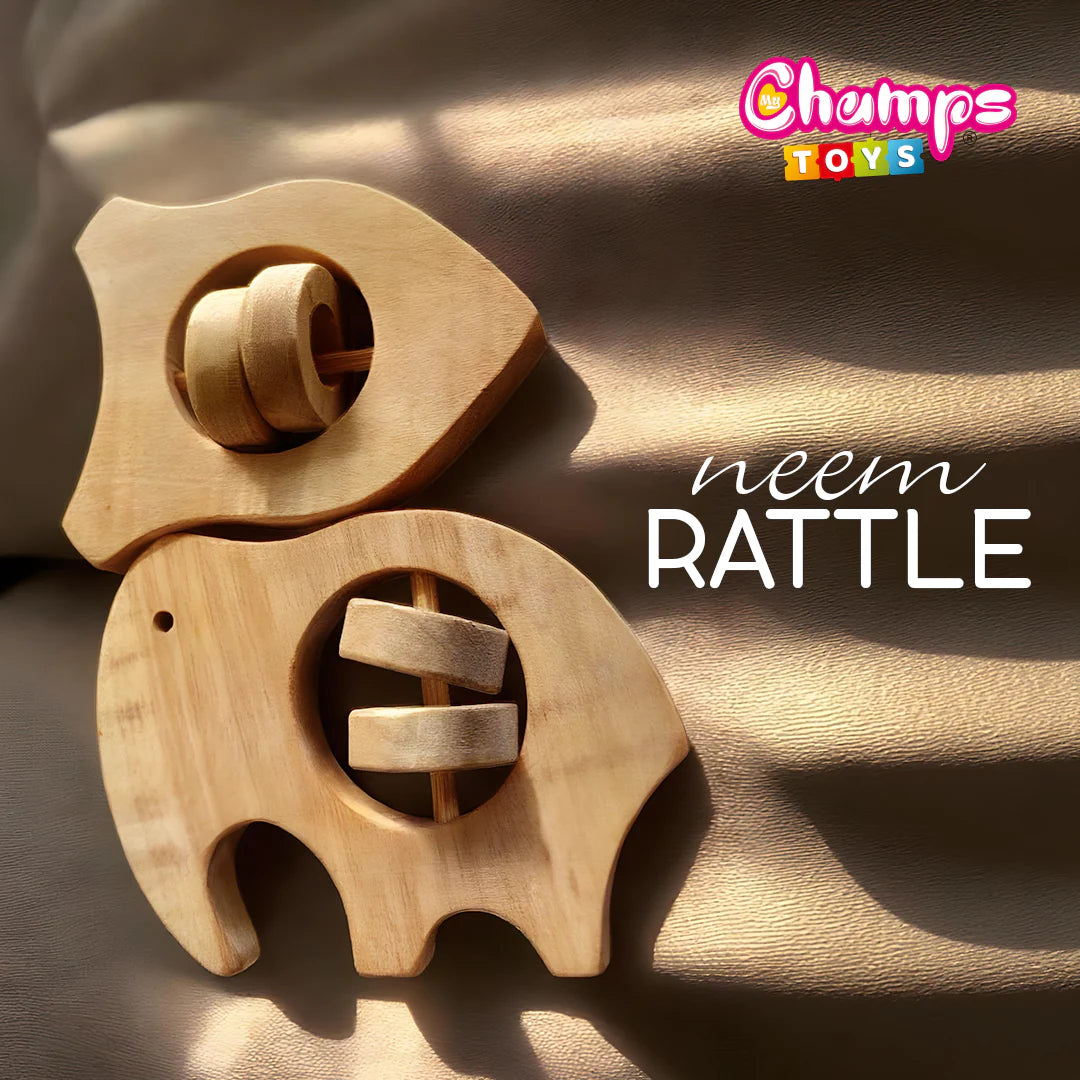 Handcrafted Neem Wooden Baby Rattle Set – Elephant & Fish (Set of 2)