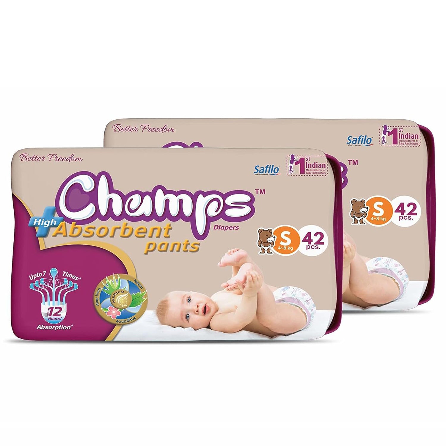 Champs High Absorb Baby Diaper Pants, Small 84 Pants (Pack of 2), 4-8 Kg, Upto 12hrs Leakage Protection