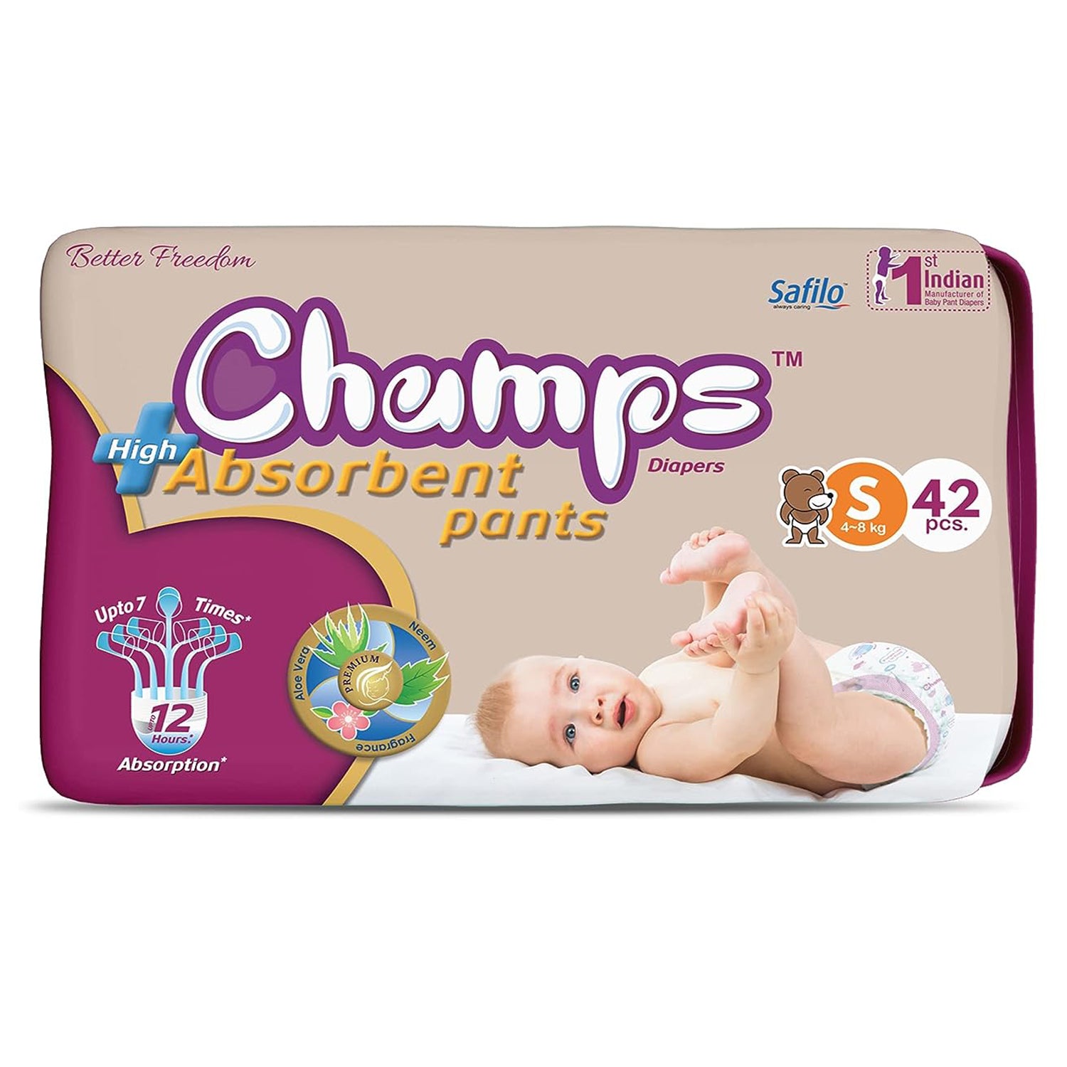 Champs High Absorb Baby Diaper Pants, Small 42 Pants, 4-8 Kg,Upto 12hrs Leakage Protection