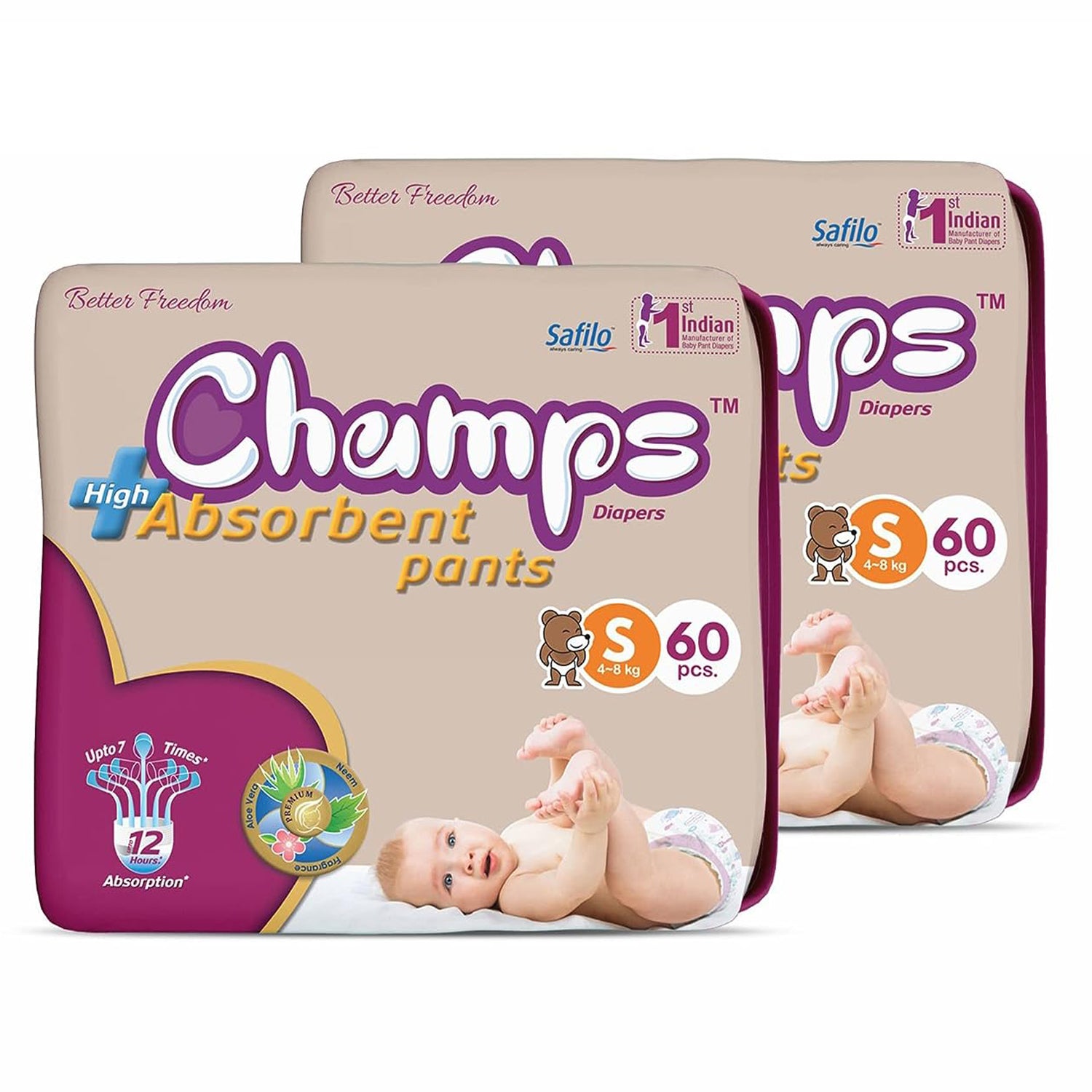 Champs High Absorb Baby Diaper Pants, Small 120 Pants (Pack of 2), 4-8 Kg, Upto 12hrs Leakage Protection