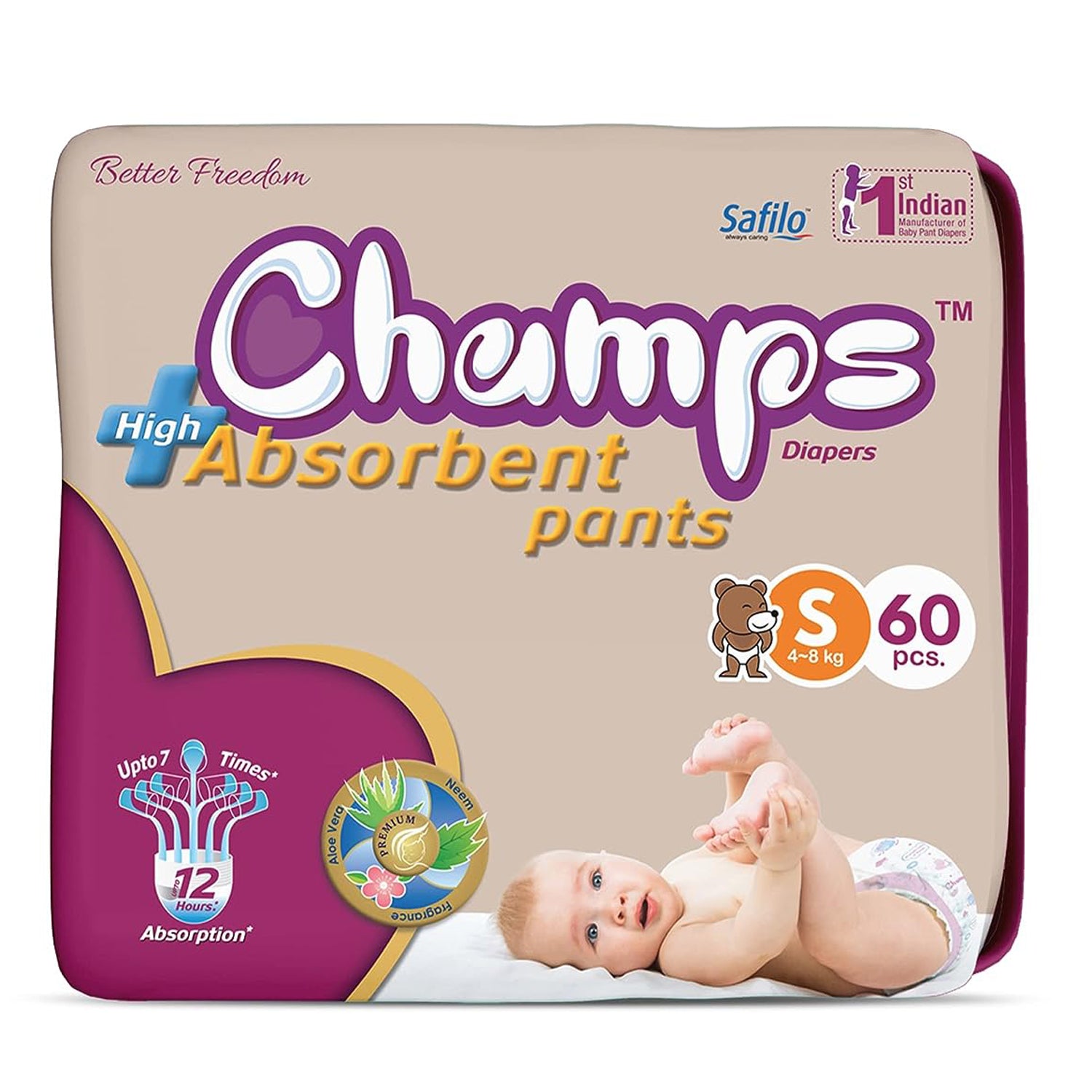 Champs High Absorb Baby Diaper Pants, Small 60 Pants, 4-8Kg, Upto 12hrs Leakage Protection