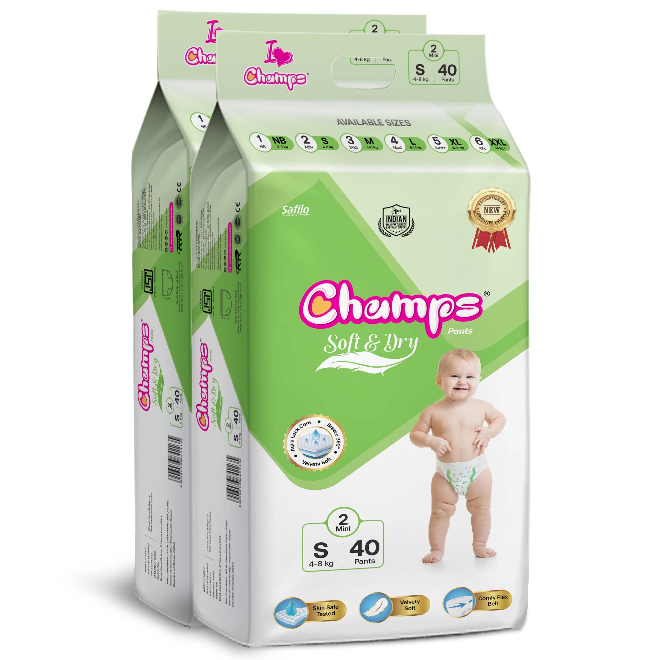 Champs Soft & Dry Baby Diaper Pants, Small 80 Pants (Pack of 2), 4-8 Kg, Long-lasting Leakage Protection
