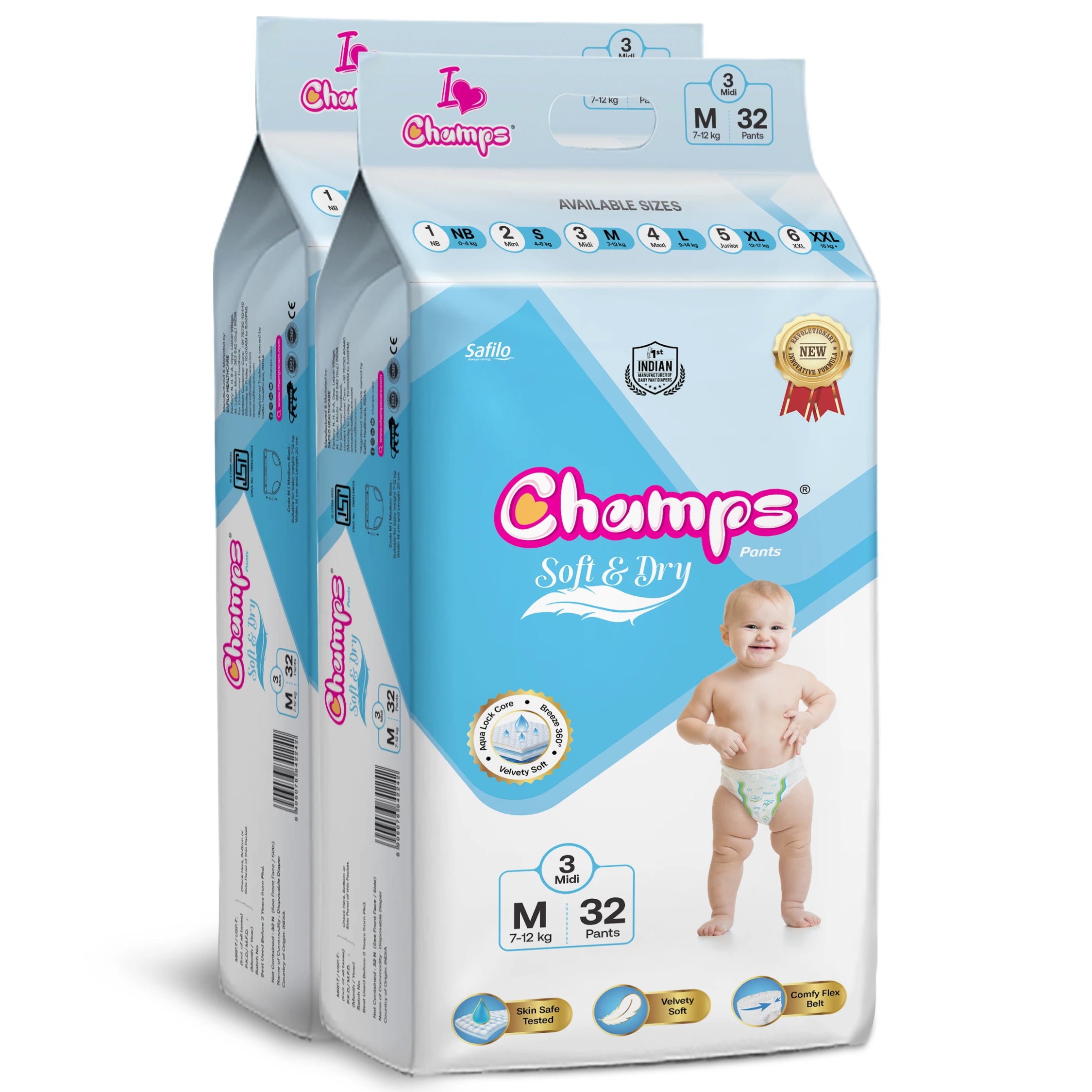 Champs Soft & Dry Baby Diaper Pants, Medium 64 Pants (Pack of 2), 7-12 Kg, Long-lasting Leakage Protection