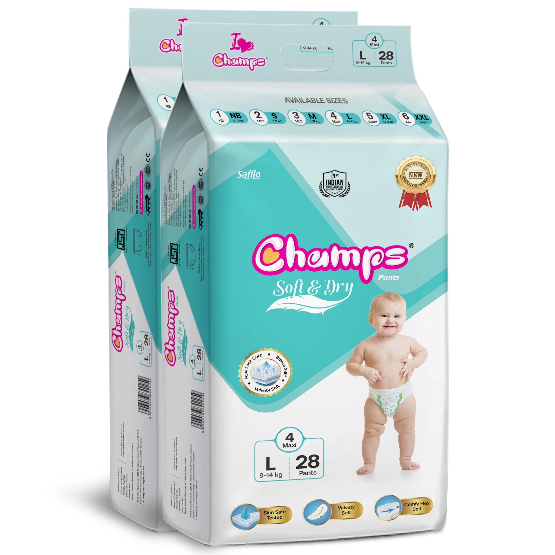 Champs Soft & Dry Baby Diaper Pants, Large 56 Pants, (Pack of 2), 9-14 Kg, Long-lasting Leakage Protection