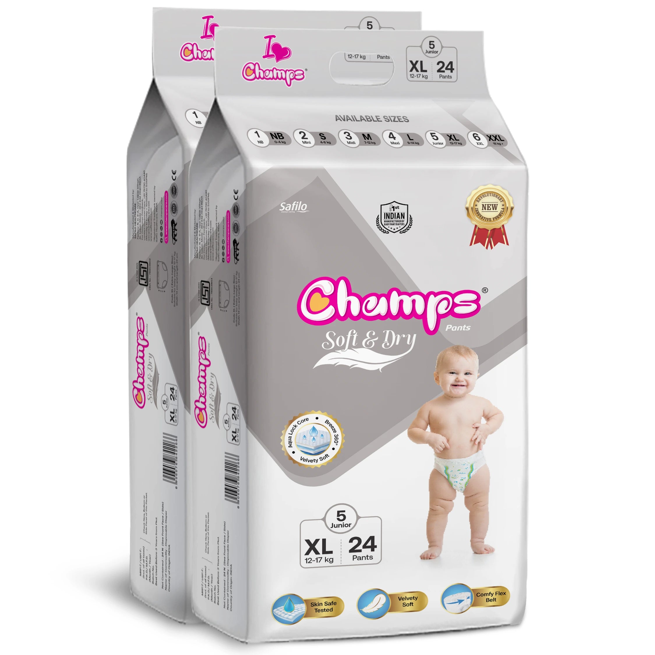 Champs Soft & Dry Baby Diaper Pants, Extra Large 48 Pants (Pack of 2), 12-17 Kg , Long-lasting Leakage Protection