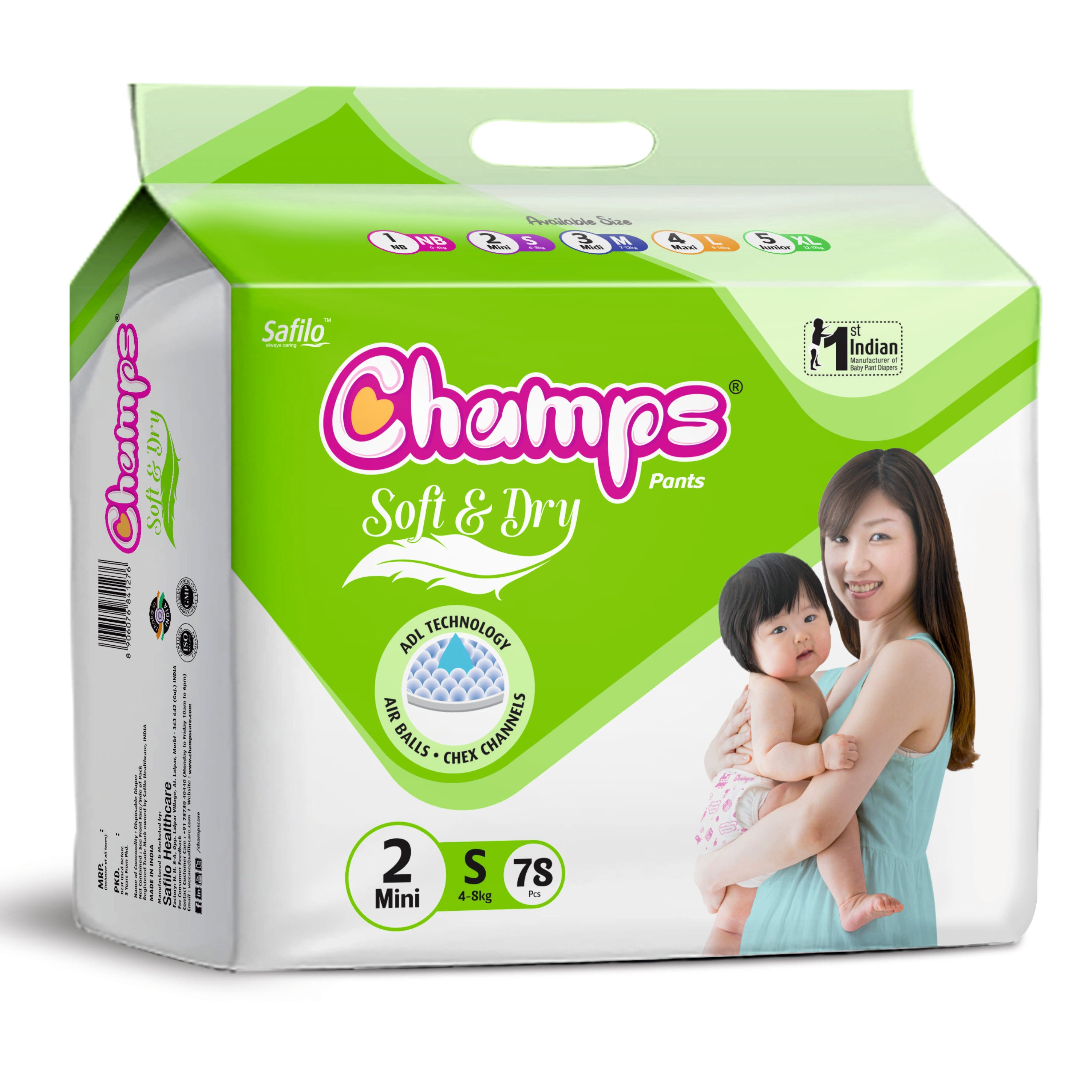 Champs Soft & Dry Baby Diaper Pants, Small 78 Pants, 4-8 Kg, Long-lasting Leakage Protection