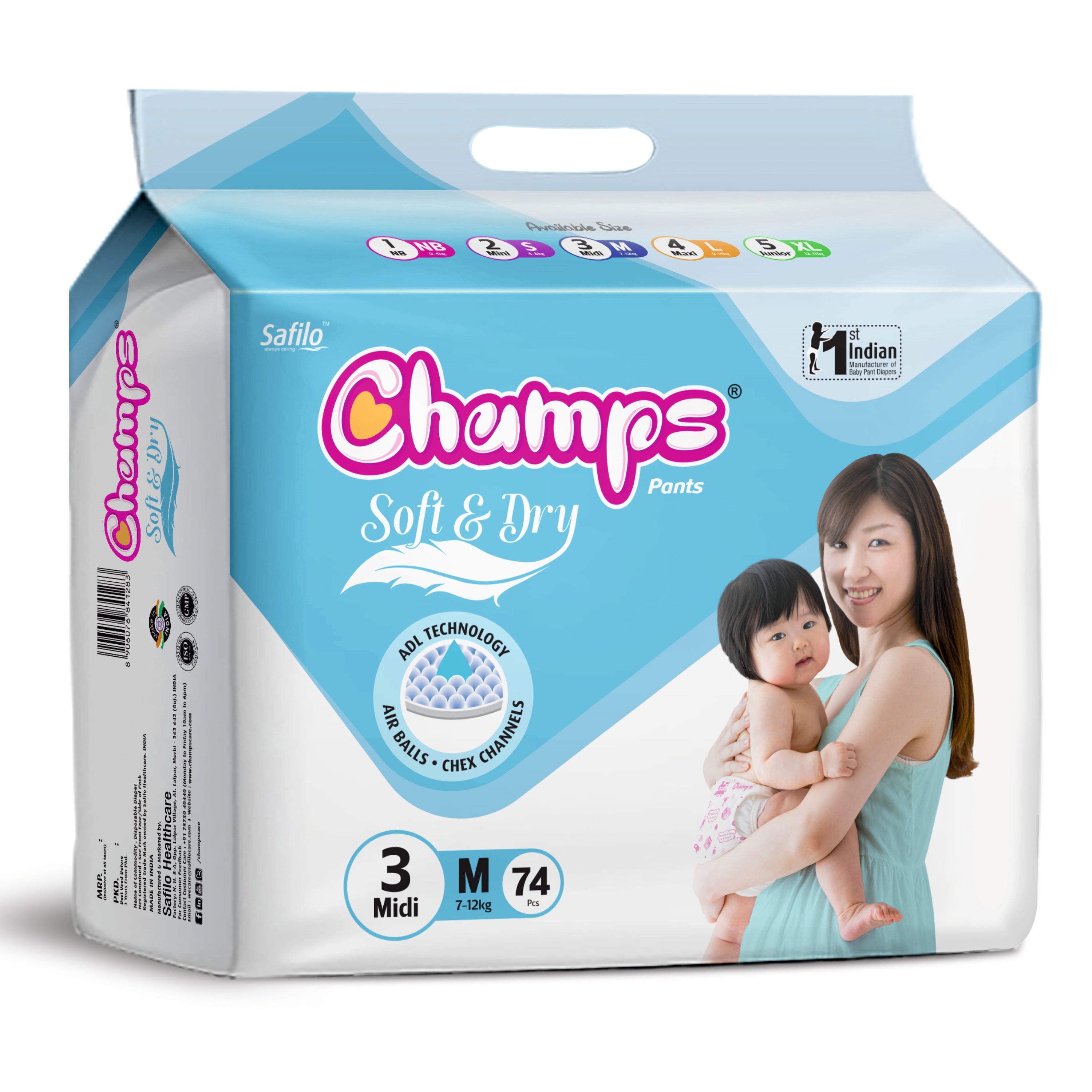 Champs Soft & Dry Baby Diaper Pants, Medium 74 Pants, 7-12 Kg, Long-lasting Leakage Protection