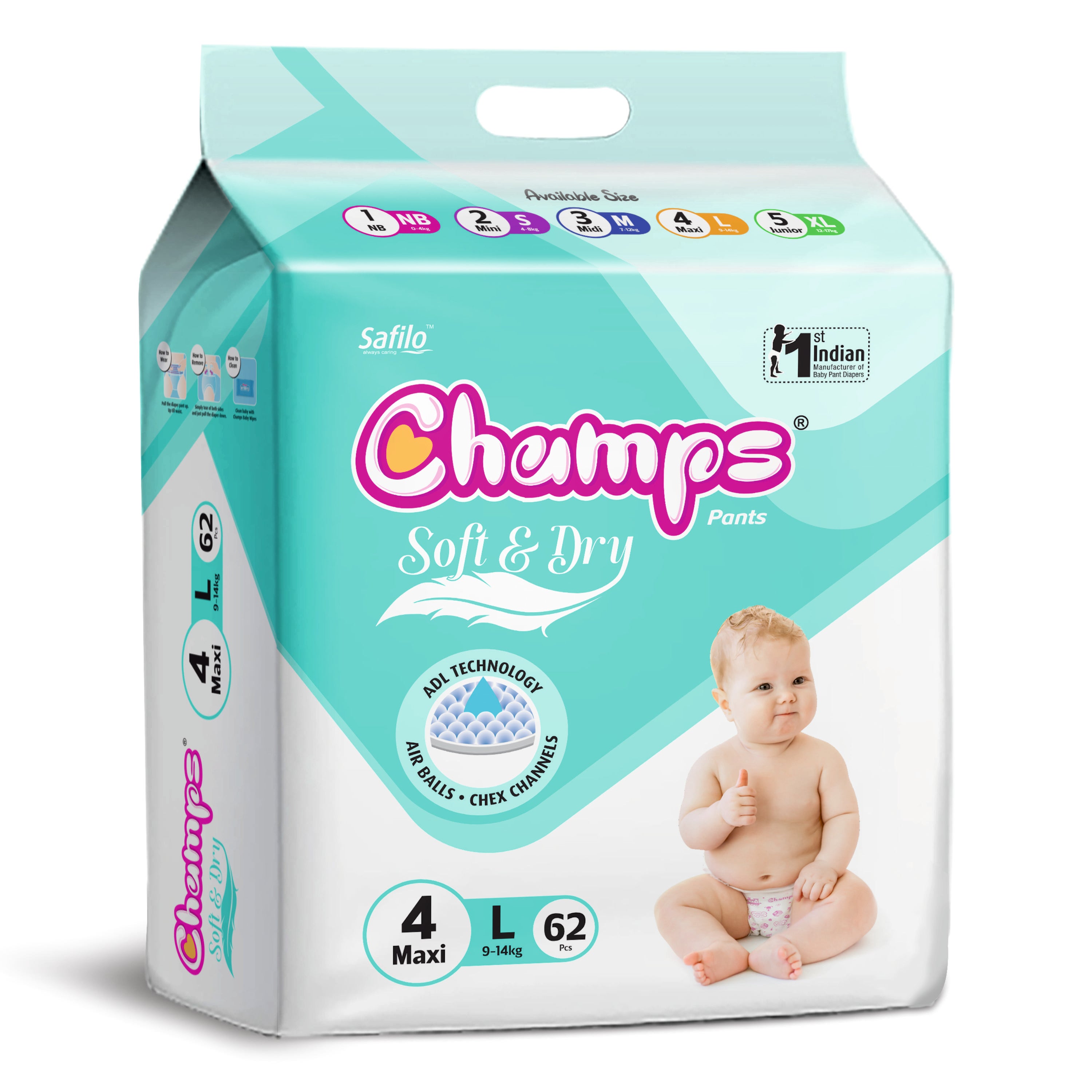 Champs Soft & Dry Baby Diaper Pants, Large 62 Pants, 9-14Kg, Long-lasting Leakage Protection