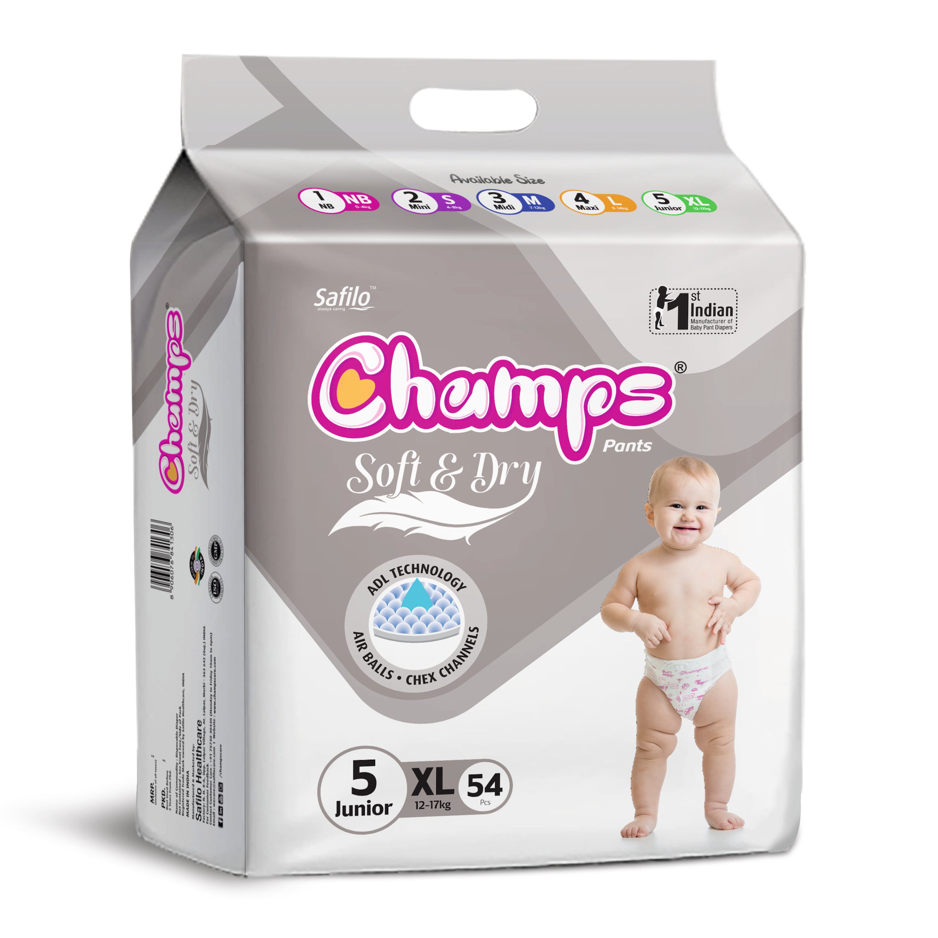 Champs Soft & Dry Baby Diaper Pants, Extra Large 54 Pants, 12-17 Kg, Long-lasting Leakage Protection