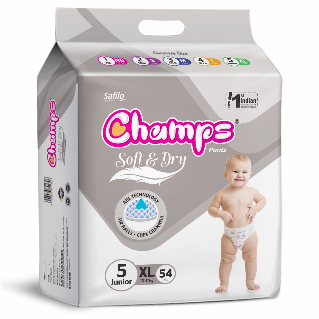 Champs Soft & Dry Baby Diaper Pants, Extra Large 54 Pants, 12-17 Kg, Long-lasting Leakage Protection