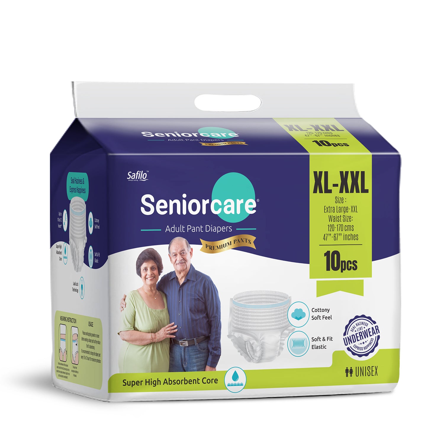 Seniorcare Premium Adult Pant Diaper, Extra Large 10 Pants, 47"- 67", 12Hrs Leakage Protection