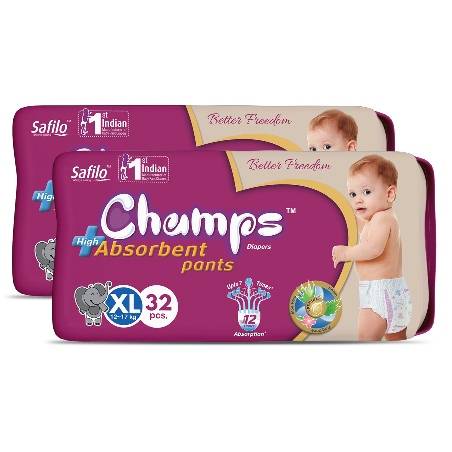 Champs High Absorb Baby Diaper Pants, Extra Large 64 Pants (Pack of 2), 12-17 Kg, Upto 12hrs Leakage Protection