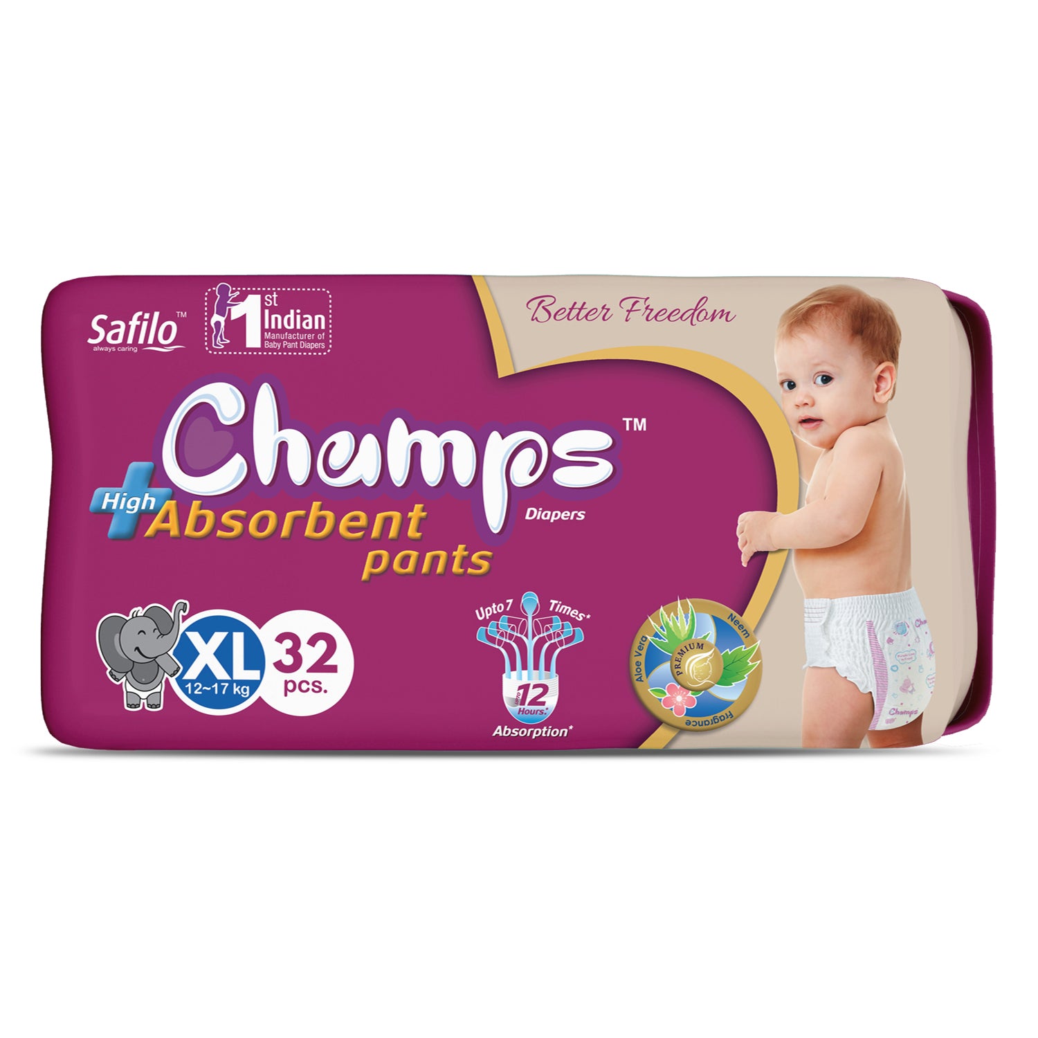 Champs High Absorb Baby Diaper Pants, Extra Large 32 Pants. 12-17 Kg, Upto 12hrs Leakage Protection