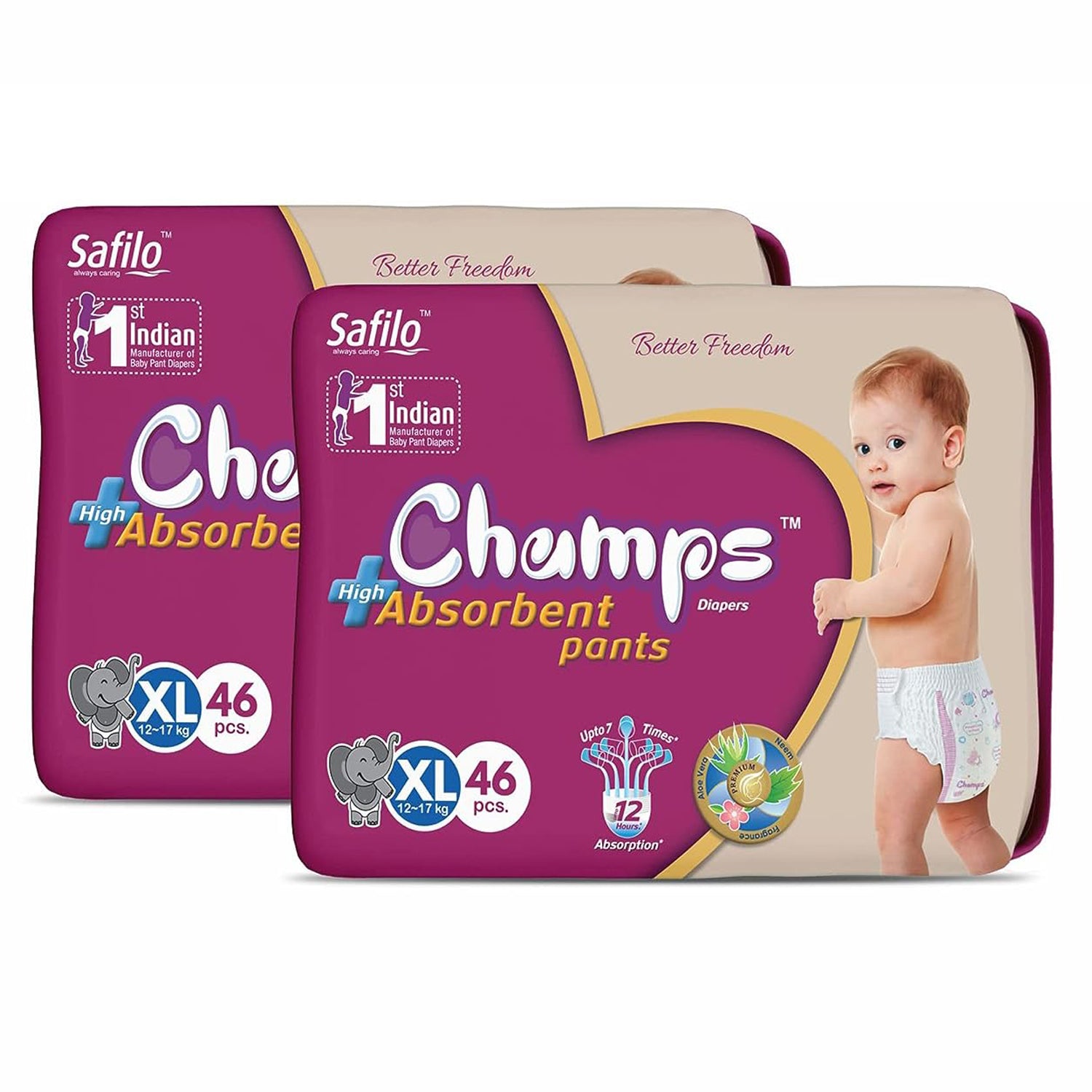 Champs High Absorb Baby Diaper Pants, Extra Large 92 Pants (Pack of 2), 12-17 Kg, Upto 12hrs Leakage Protection