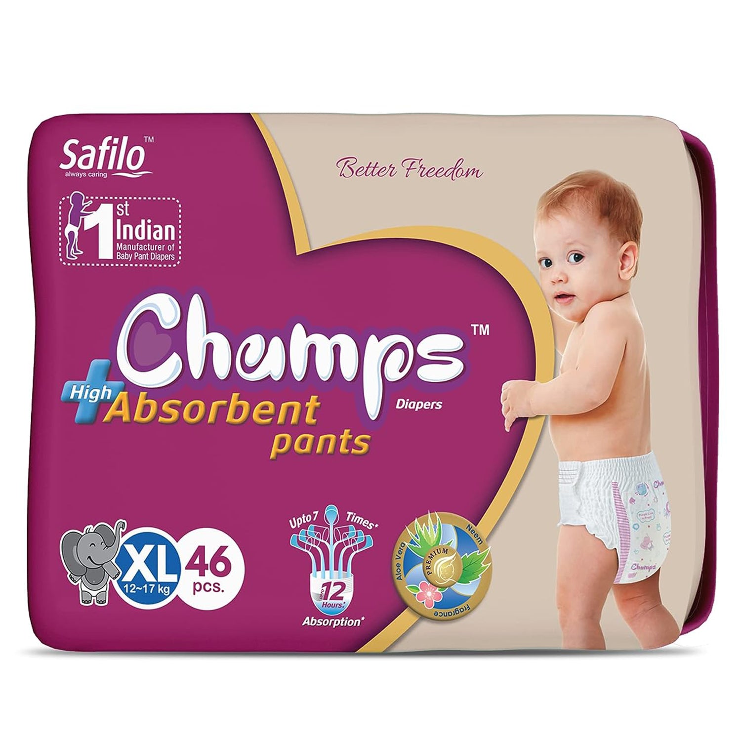 Champs High Absorb Baby Diaper Pants, Extra Large 46 Pants, 12-17 Kg, Upto 12hrs Leakage Protection