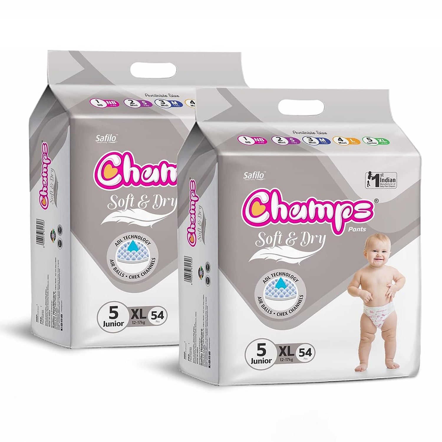 Champs Soft & Dry Baby Diaper Pants, Extra Large 108 Pants (Pack of 2), 12-17 Kg , Long-lasting Leakage Protection